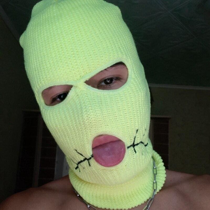 Neon Green Stitched Mouth Three Holes Ski Mask Balaclava