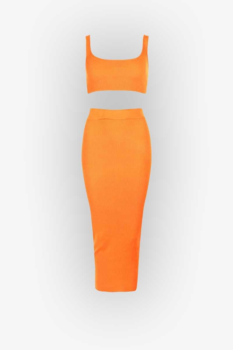 Neon Orange Ribbed Maxi Two Piece Crop Top Skirt Set