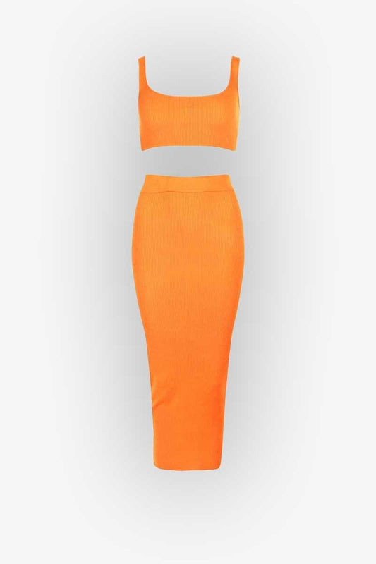 Neon Orange Ribbed Maxi Two Piece Crop Top Skirt Set