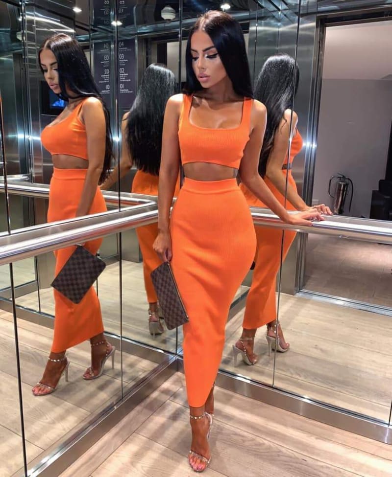 Neon Orange Ribbed Maxi Two Piece Crop Top Skirt Set IRHAZ