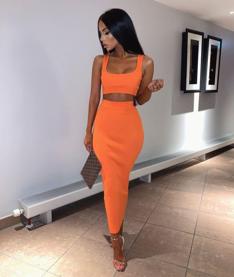 Neon Orange Ribbed Maxi Two Piece Crop Top Skirt Set Skirt Set