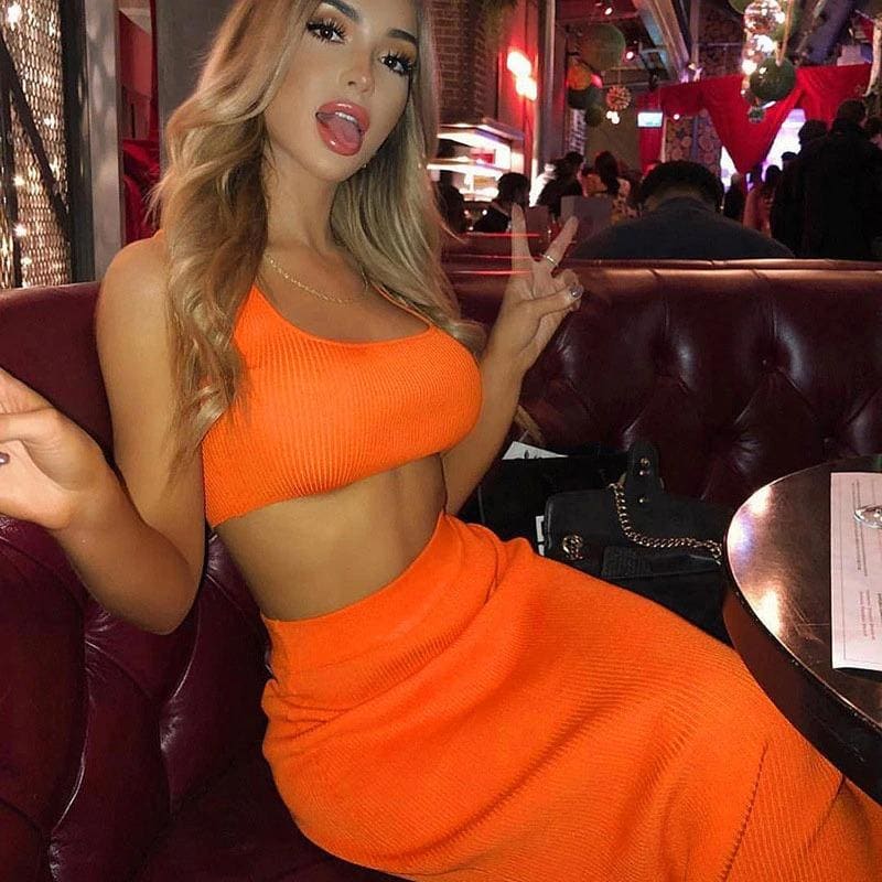 Neon Orange Ribbed Maxi Two Piece Crop Top Skirt Set Skirt Set