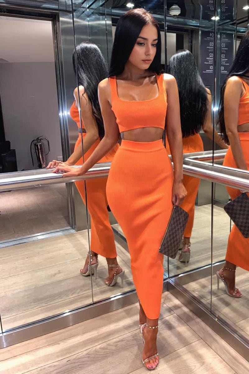 Neon Orange Ribbed Maxi Two Piece Crop Top Skirt Set / S