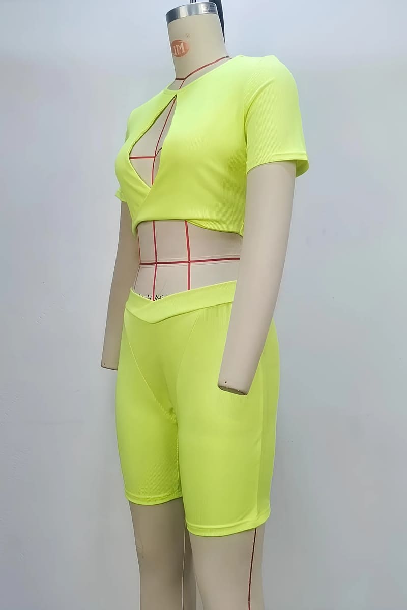 Neon Yellow Ribbed Shorts Set