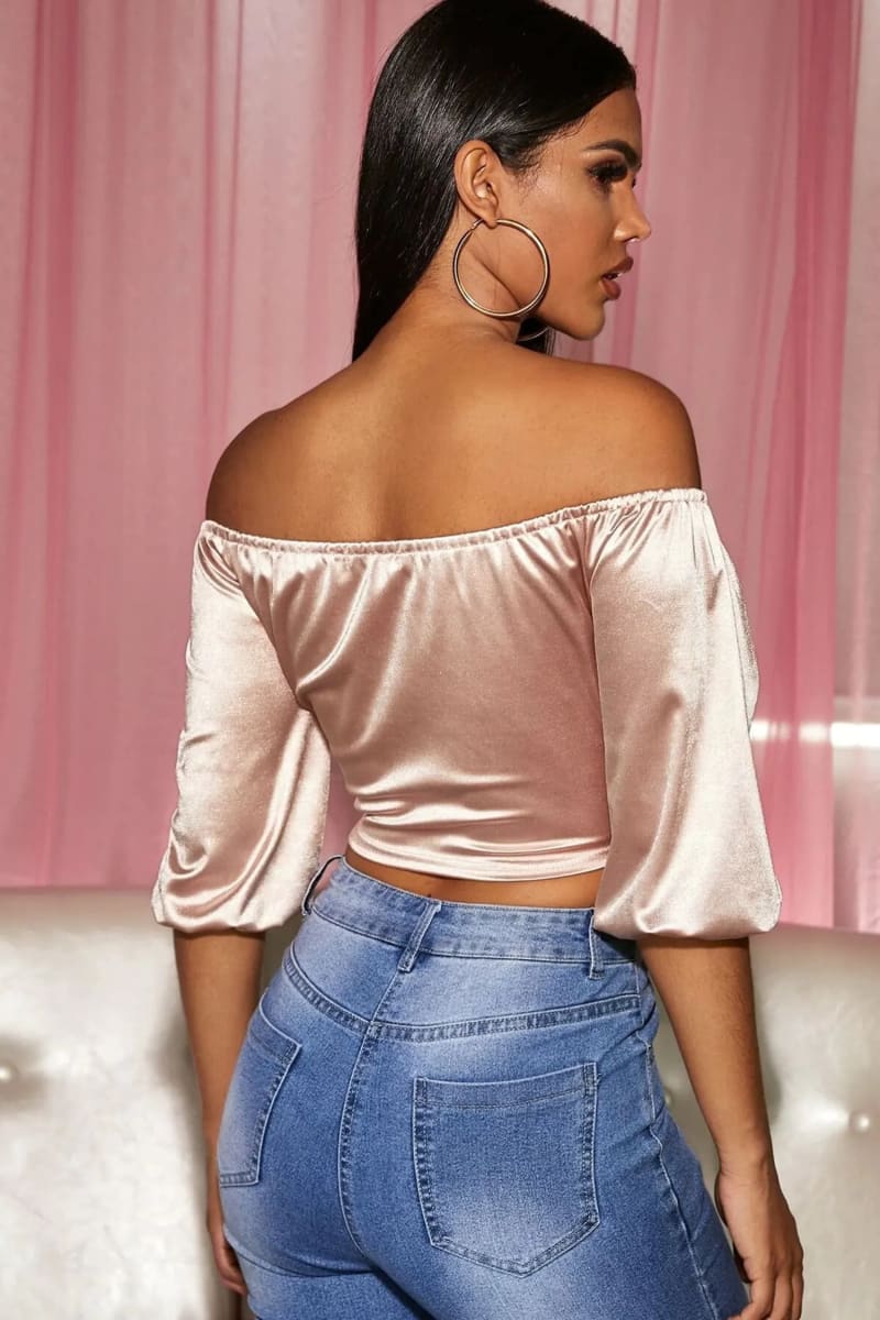 champagne Off Shoulder Front Tie Loose Satin Crop Top