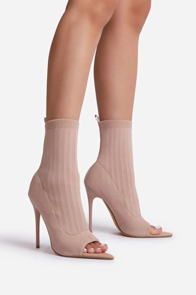 Nude Pointed Peep Toe Stiletto Heels Ankle Sock Boots