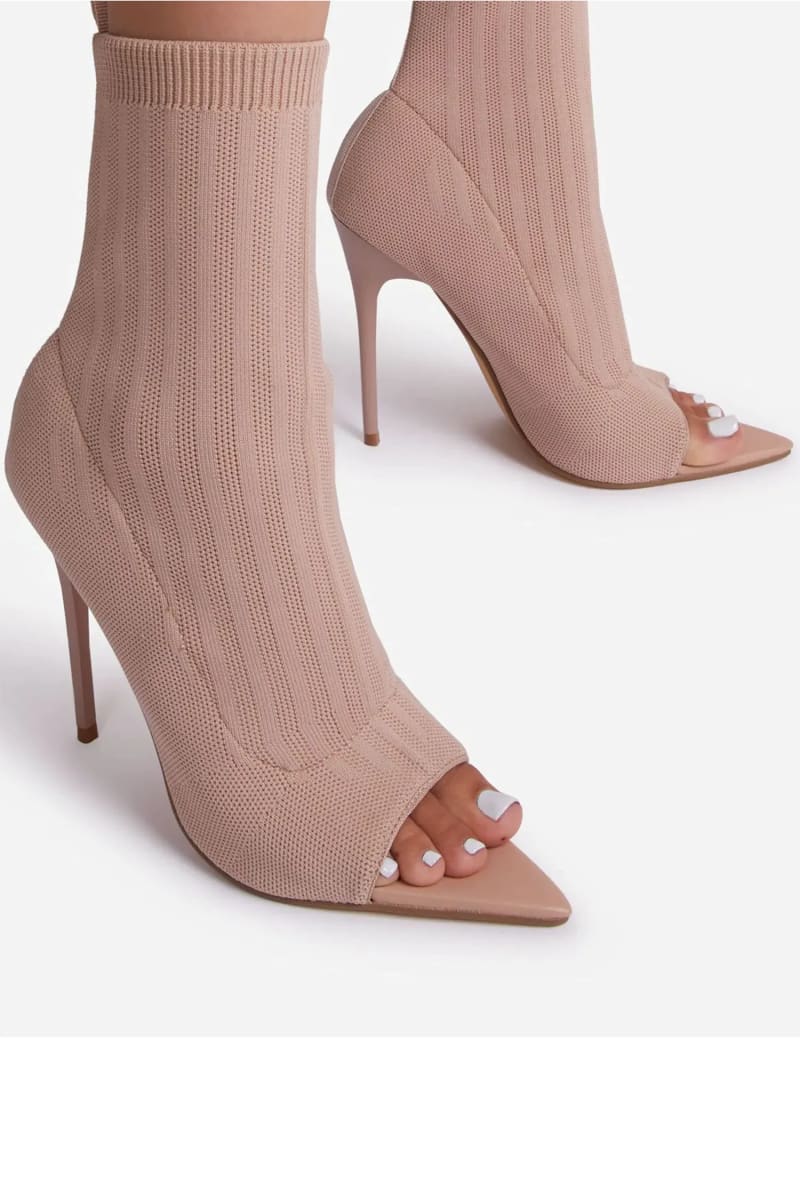 Nude Pointed Peep Toe Stiletto Heels Ankle Sock Boots