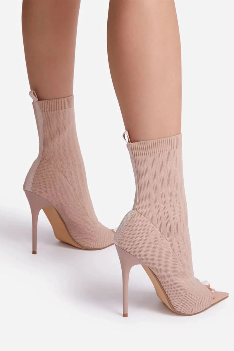 Nude Pointed Peep Toe Stiletto Heels Ankle Sock Boots