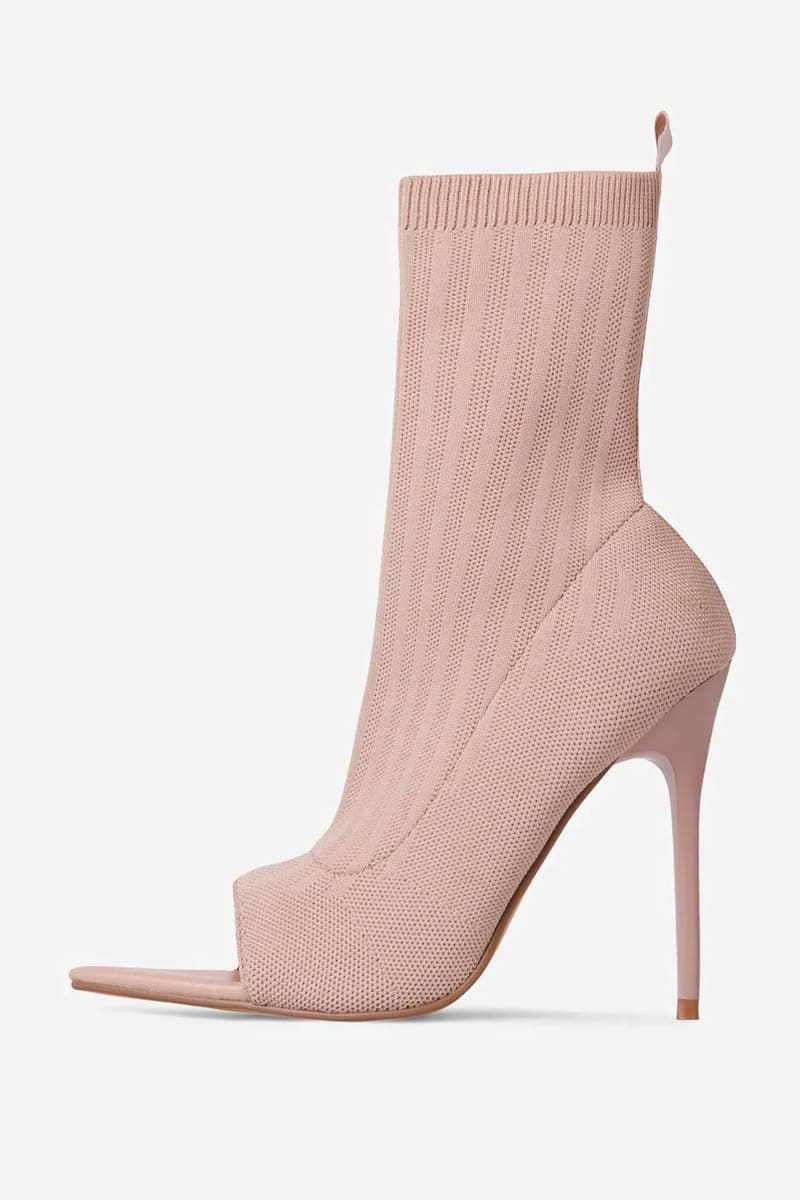 Nude Pointed Peep Toe Stiletto Heels Ankle Sock Boots