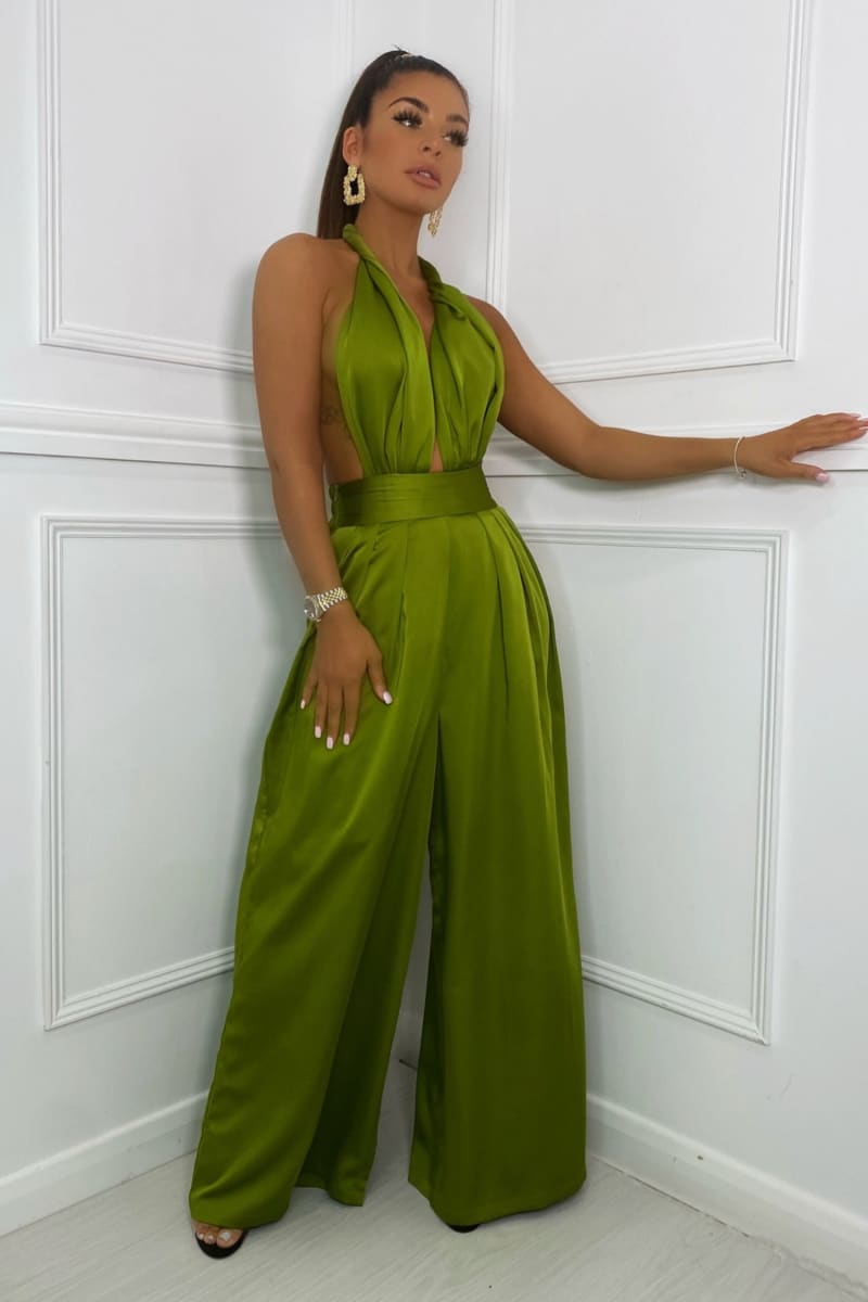 Olive Green Halter Wrap Top And Palazzo Satin Pants Set Outfit Sets