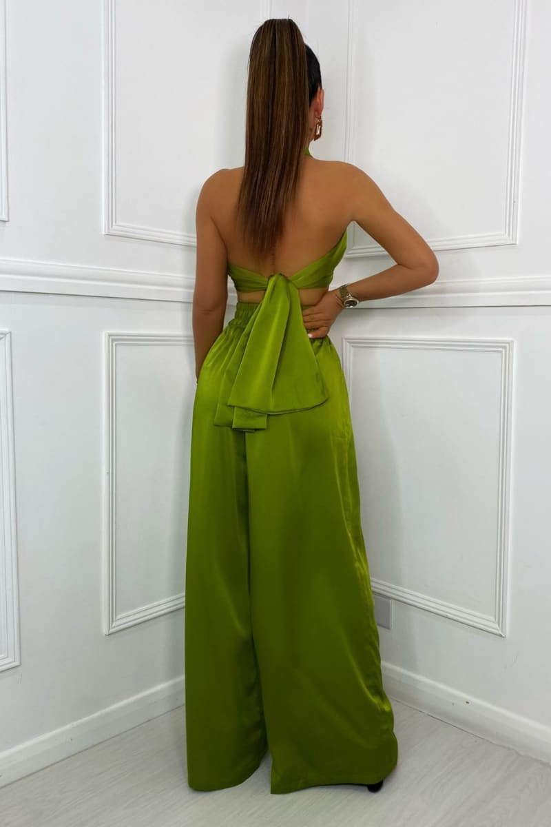 Olive Green Halter Wrap Top And Palazzo Satin Pants Set Outfit Sets