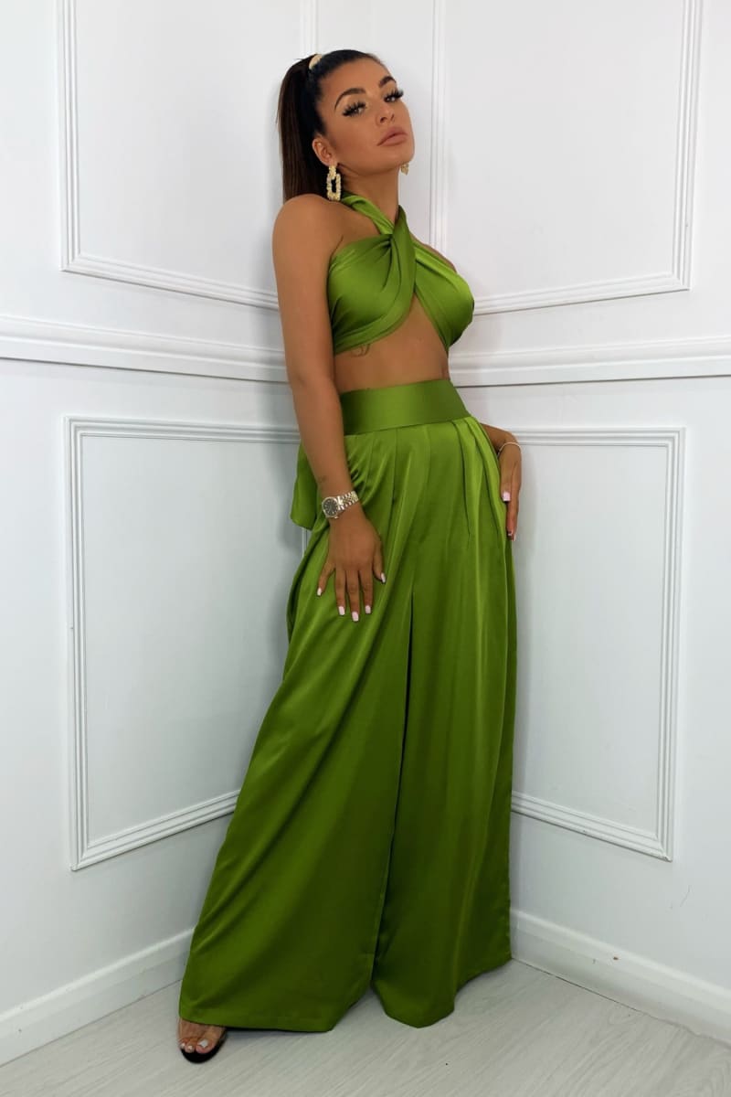 Olive Green Halter Wrap Top And Palazzo Satin Pants Set Outfit Sets