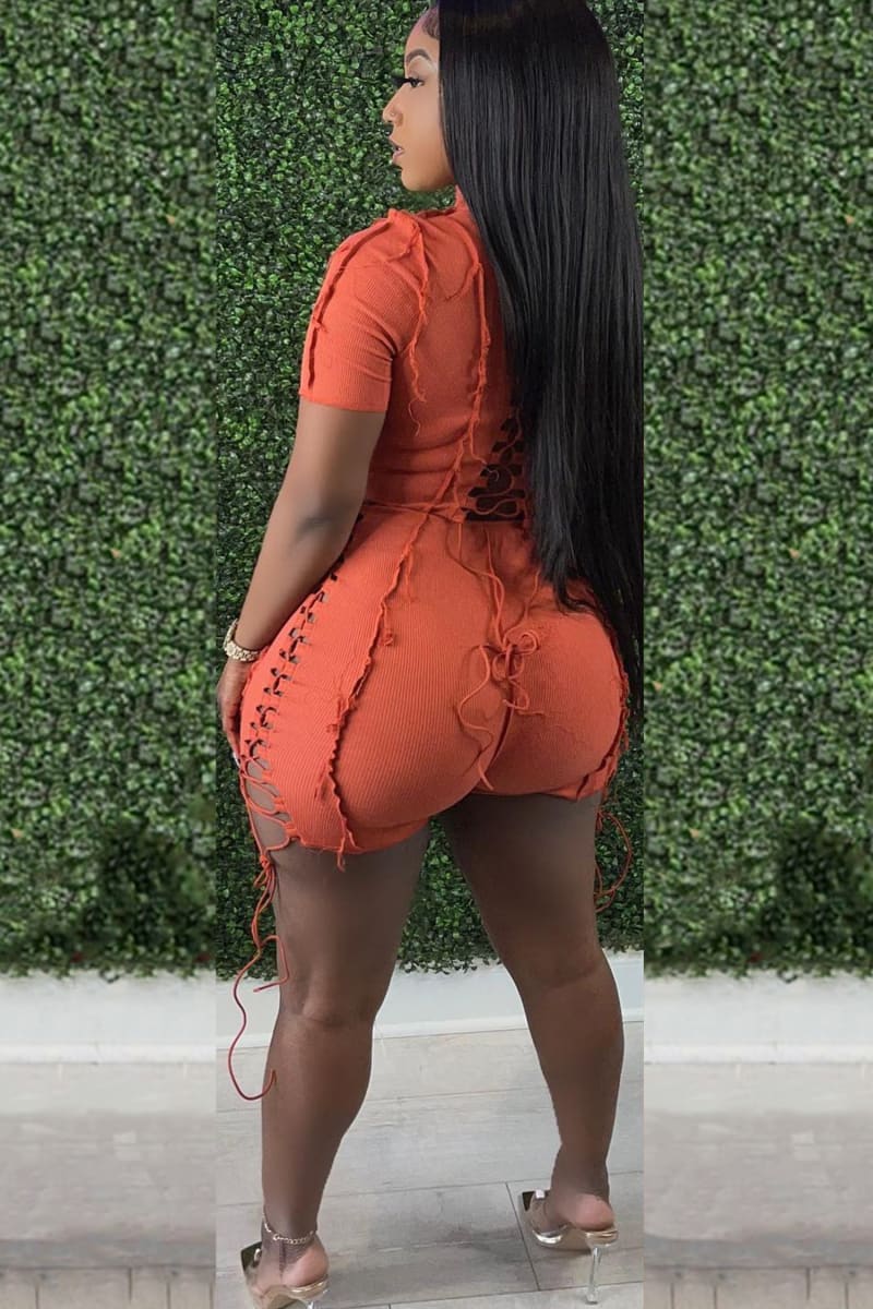 Orange Lace Up Short Sleeve Contrast Stitch Bodycon Romper Jumpsuits & Rompers