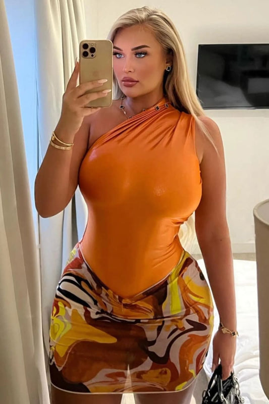 Orange One Shoulder Metallic Bodysuit