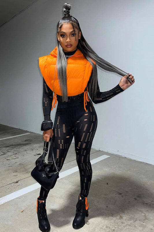 Orange Tie Side Hooded Cropped Puffer Vest / S Vests