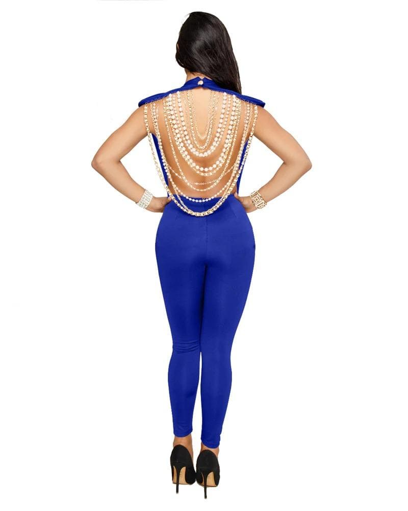 Pearl Chain Backless Sleeveless Blue Jumpsuit