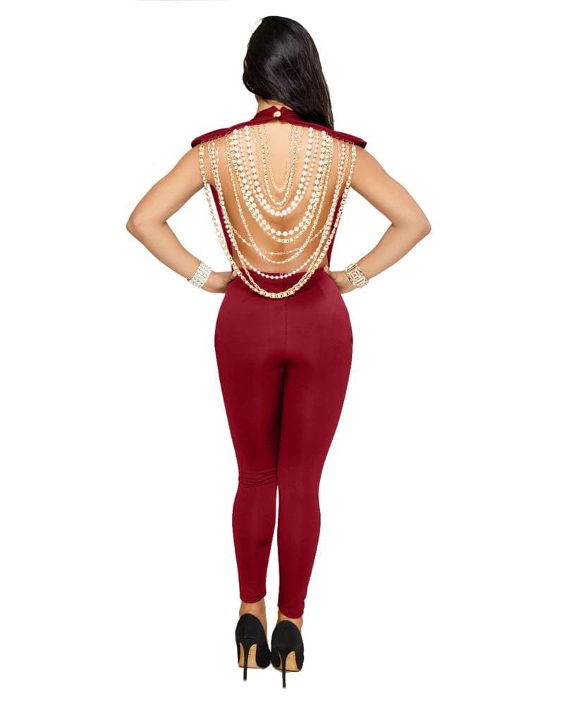 Pearl Chain Backless Sleeveless Red Jumpsuit