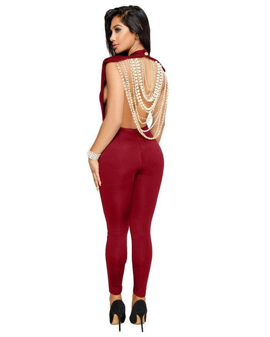 Pearl Chain Backless Sleeveless Red Jumpsuit