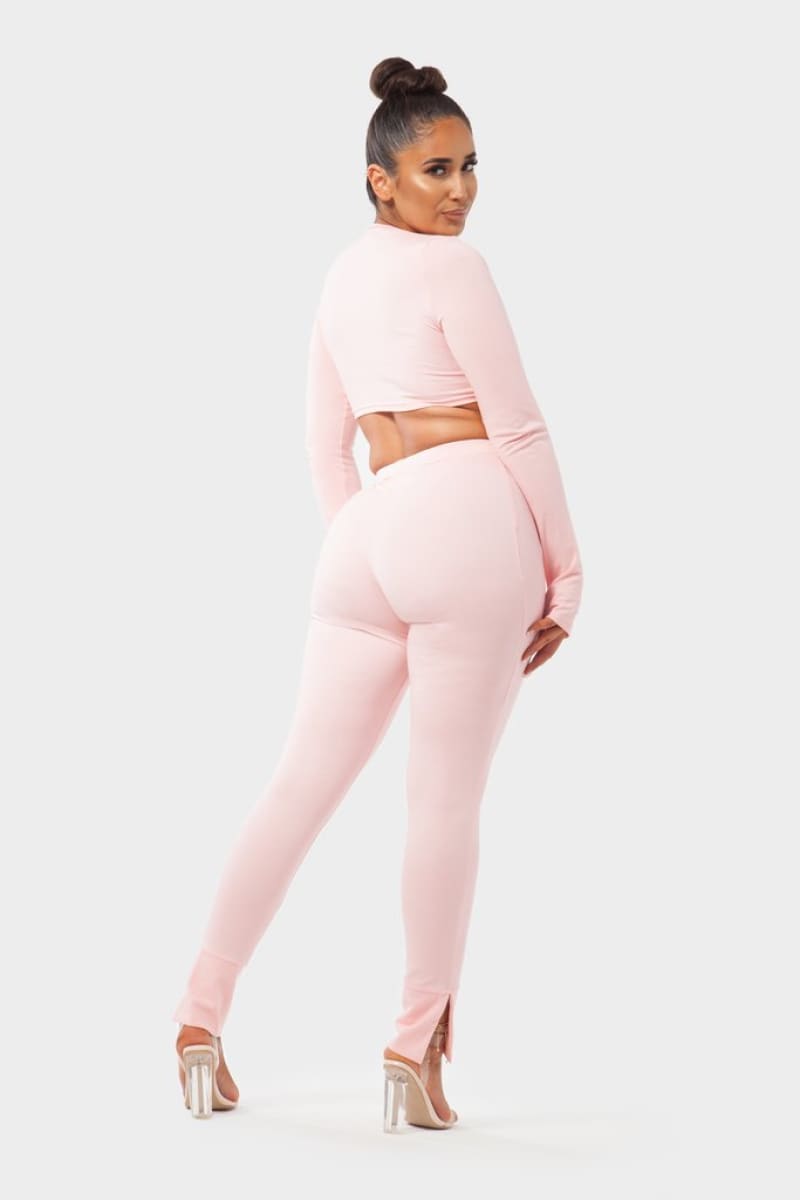 Pink Front Tie Crop Top And High Waist Pant Set Set