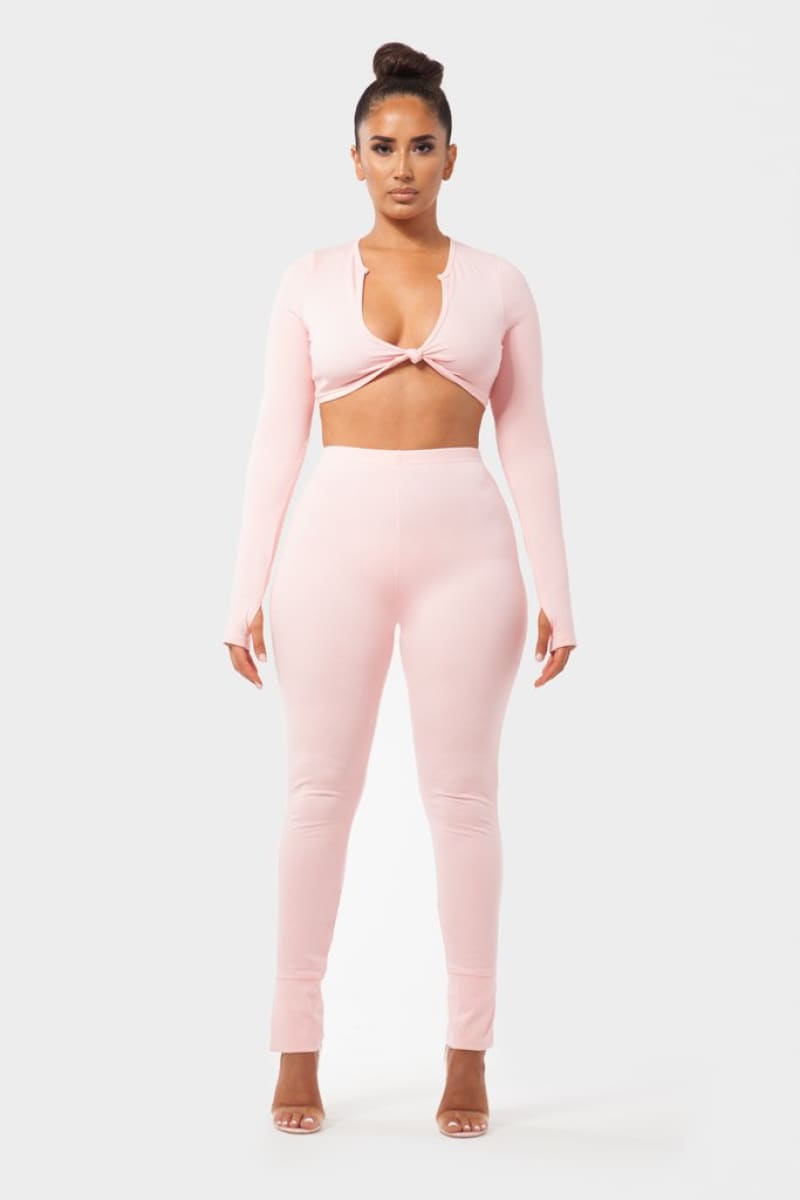 Pink Front Tie Crop Top And High Waist Pant Set Set