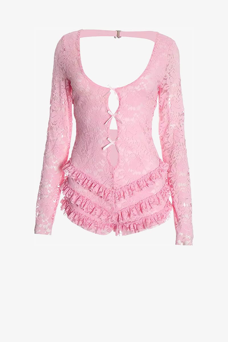 Pink Long Sleeve Lace Ruffle Romper