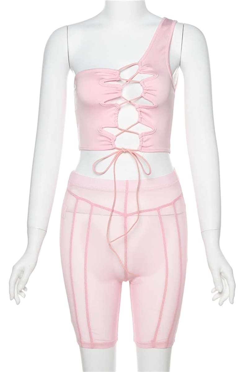 Pink Mesh Biker Shorts & One Shoulder Lace-Up Crop Top Set Outfit Sets