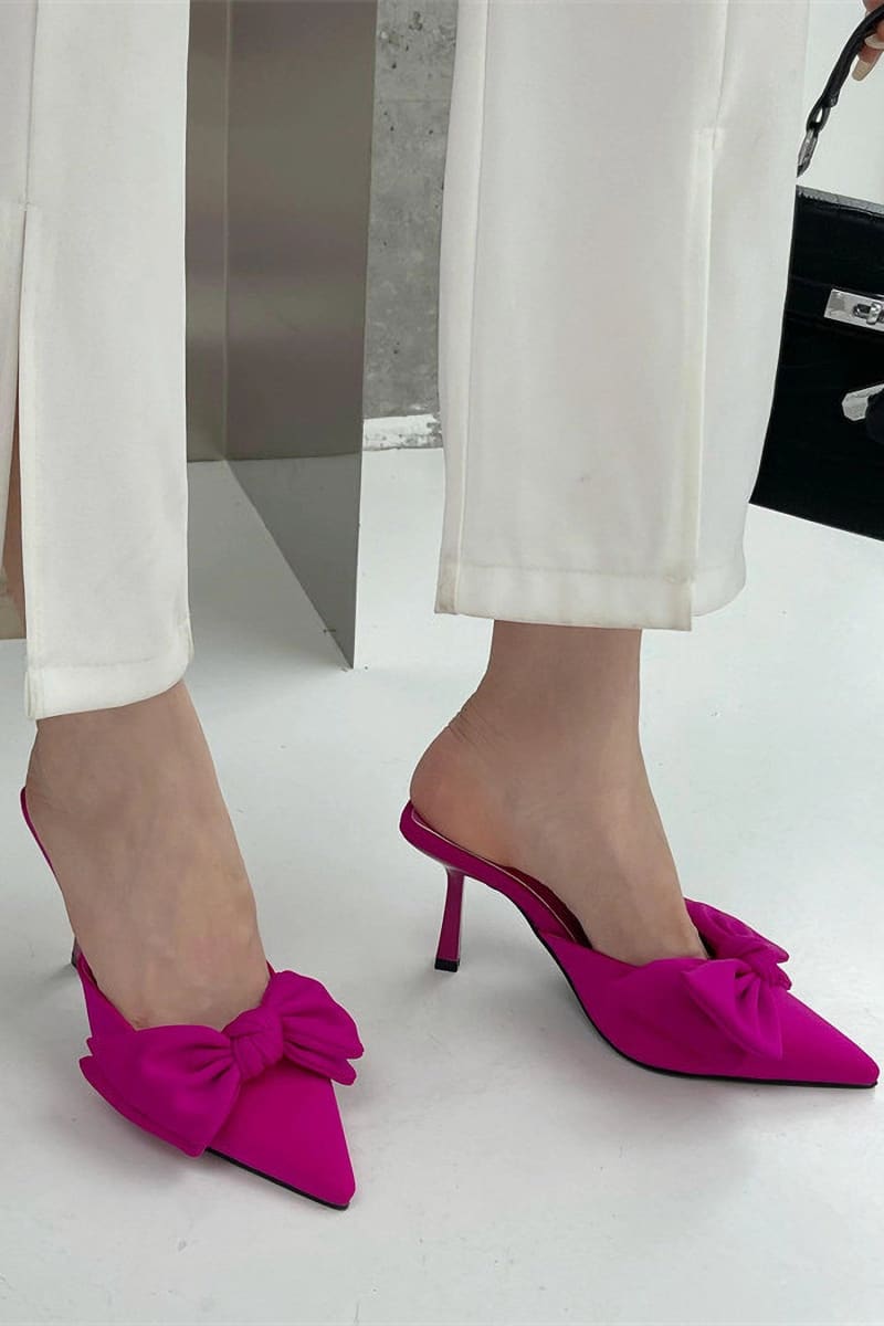 Pink Pointed Toe Knot Kitten Heels Mule Shoes