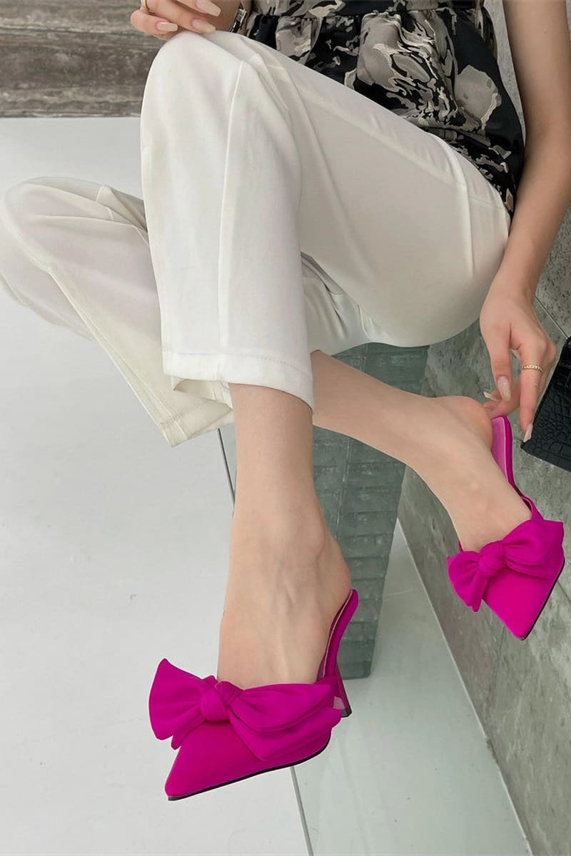 Pink Pointed Toe Knot Kitten Heels Mule Shoes