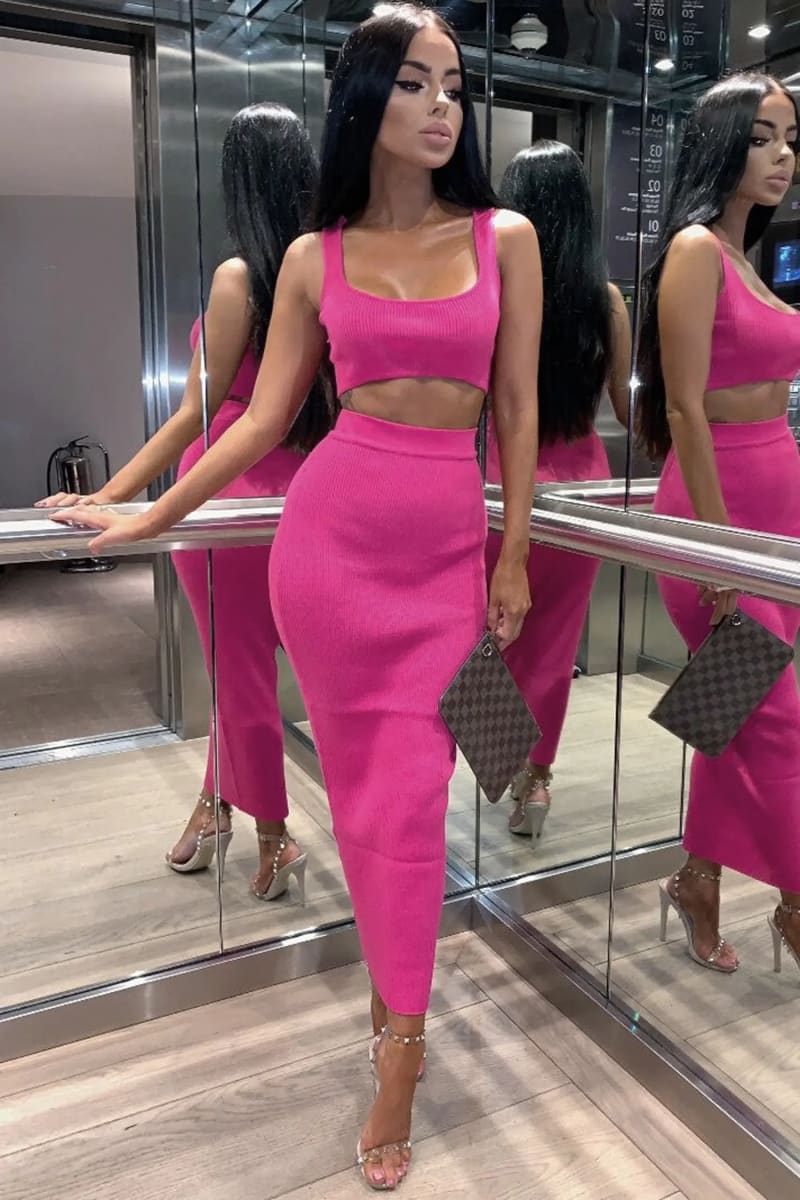 Pink Ribbed Maxi Two Piece Crop Top Skirt Set