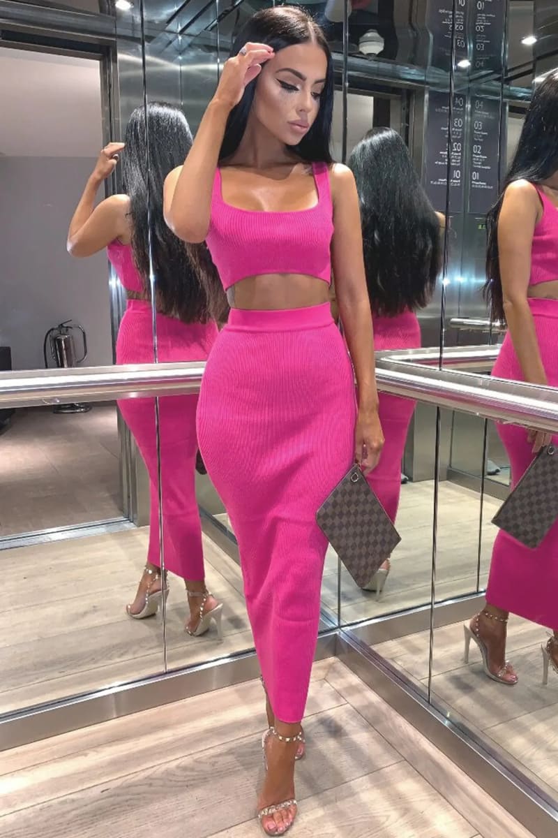 Pink Ribbed Maxi Two Piece Crop Top Skirt Set