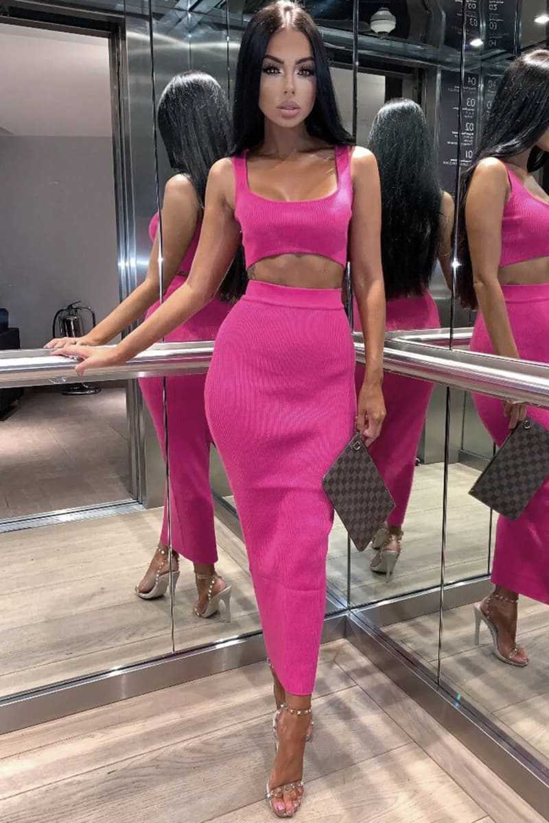 Pink Ribbed Maxi Two Piece Crop Top Skirt Set