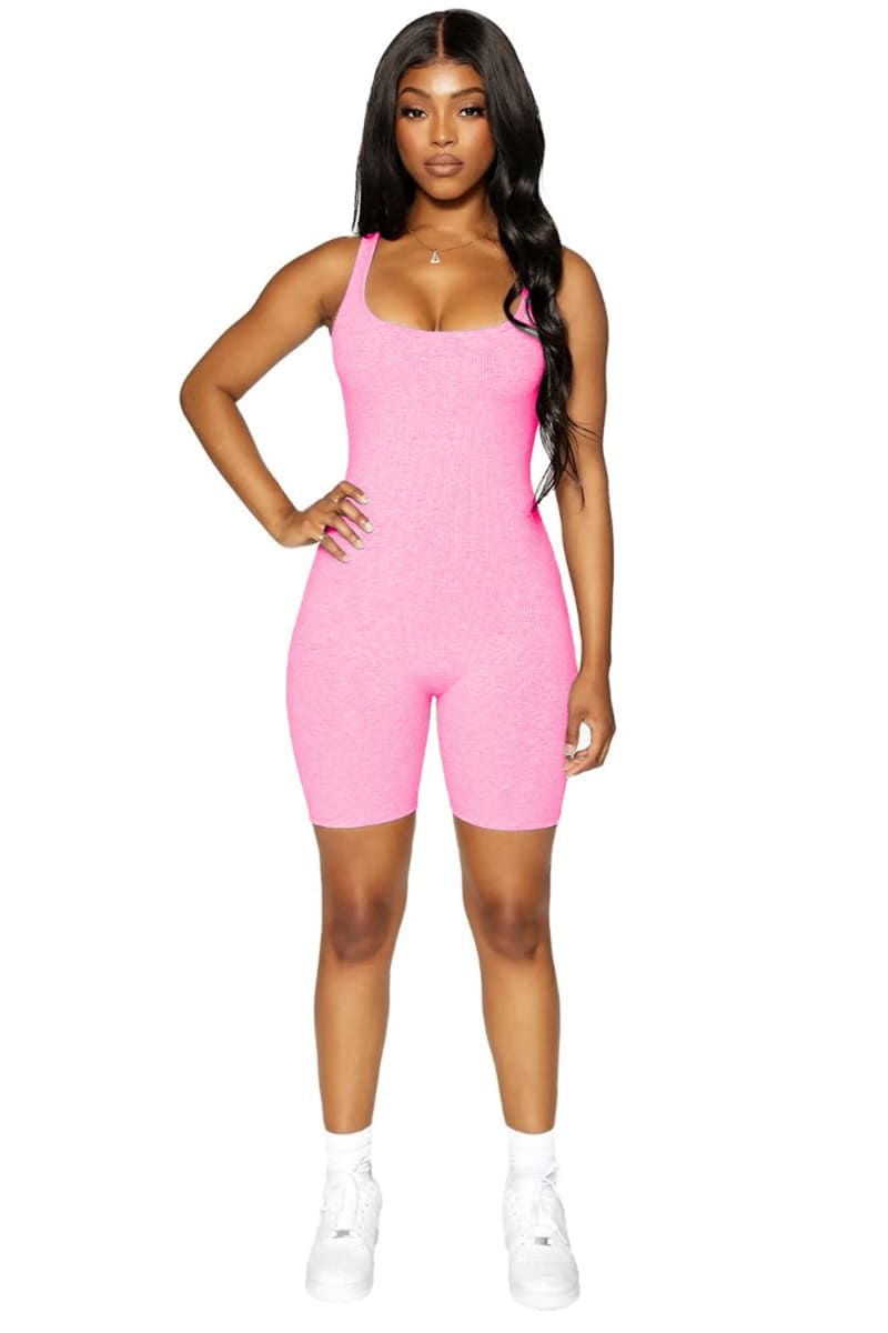 Pink Sleeveless Racerback Ribbed Biker Shorts Romper Jumpsuits & Rompers