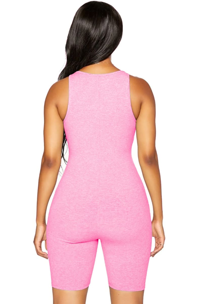 Pink Sleeveless Racerback Ribbed Biker Shorts Romper Jumpsuits & Rompers