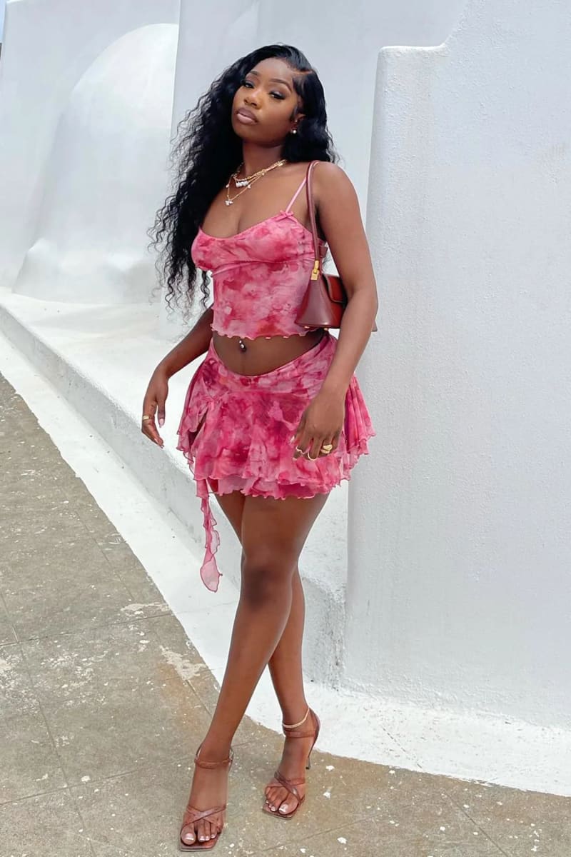 Pink Tie-Dye Crop Top And Ruffle Skirt Two Piece Set