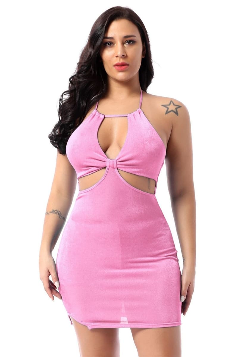 Pink Velvet Halter Cut Out Short Dress Dress