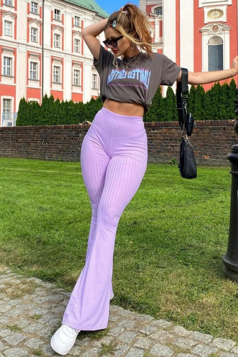 Purple High Waisted Ribbed Flare Pants