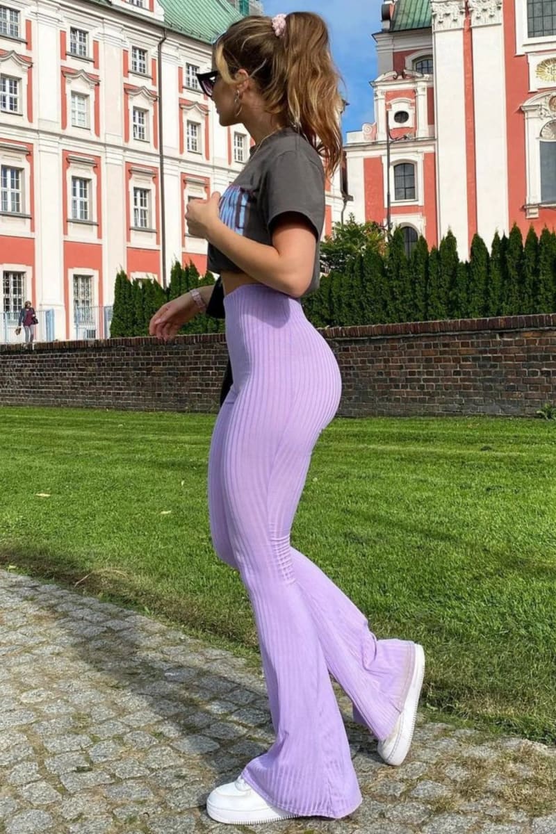 Purple High Waisted Ribbed Flare Pants IRHAZ