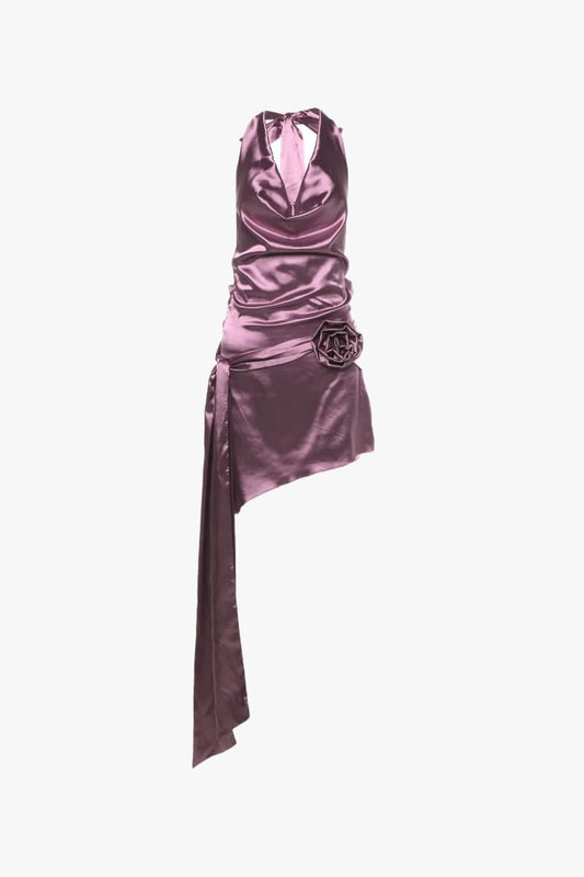 Purple Satin Draped Mini Dress