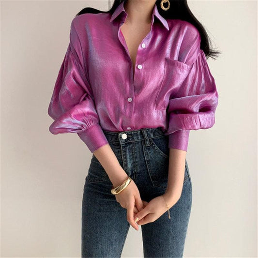 Womens Emerald Blouse | Reflective Puffed Sleeve Shirt Blouse