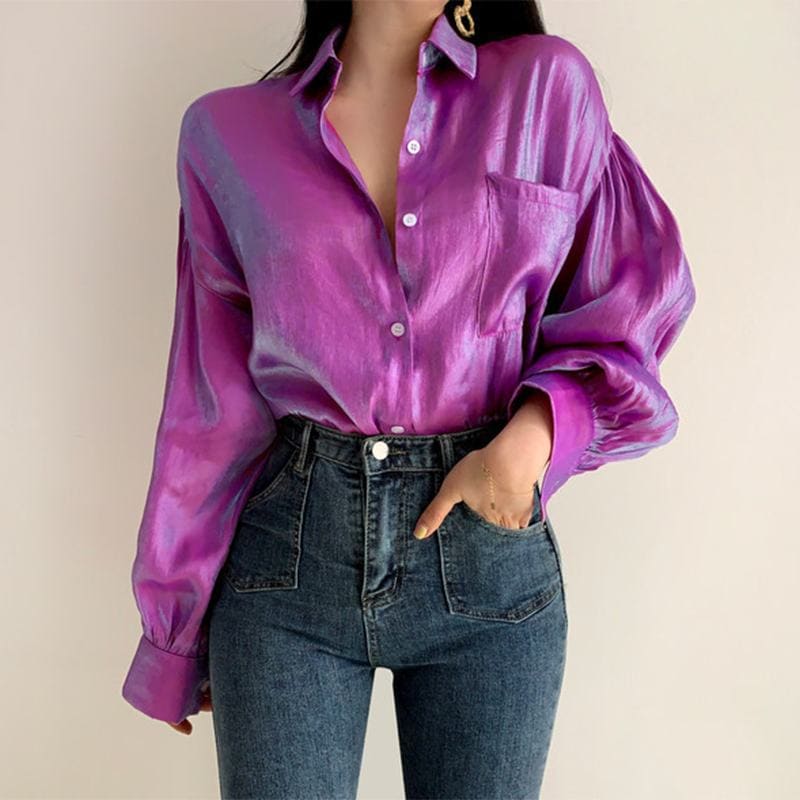 Purple Satin Reflective Puffed Sleeve Blouse Shirt