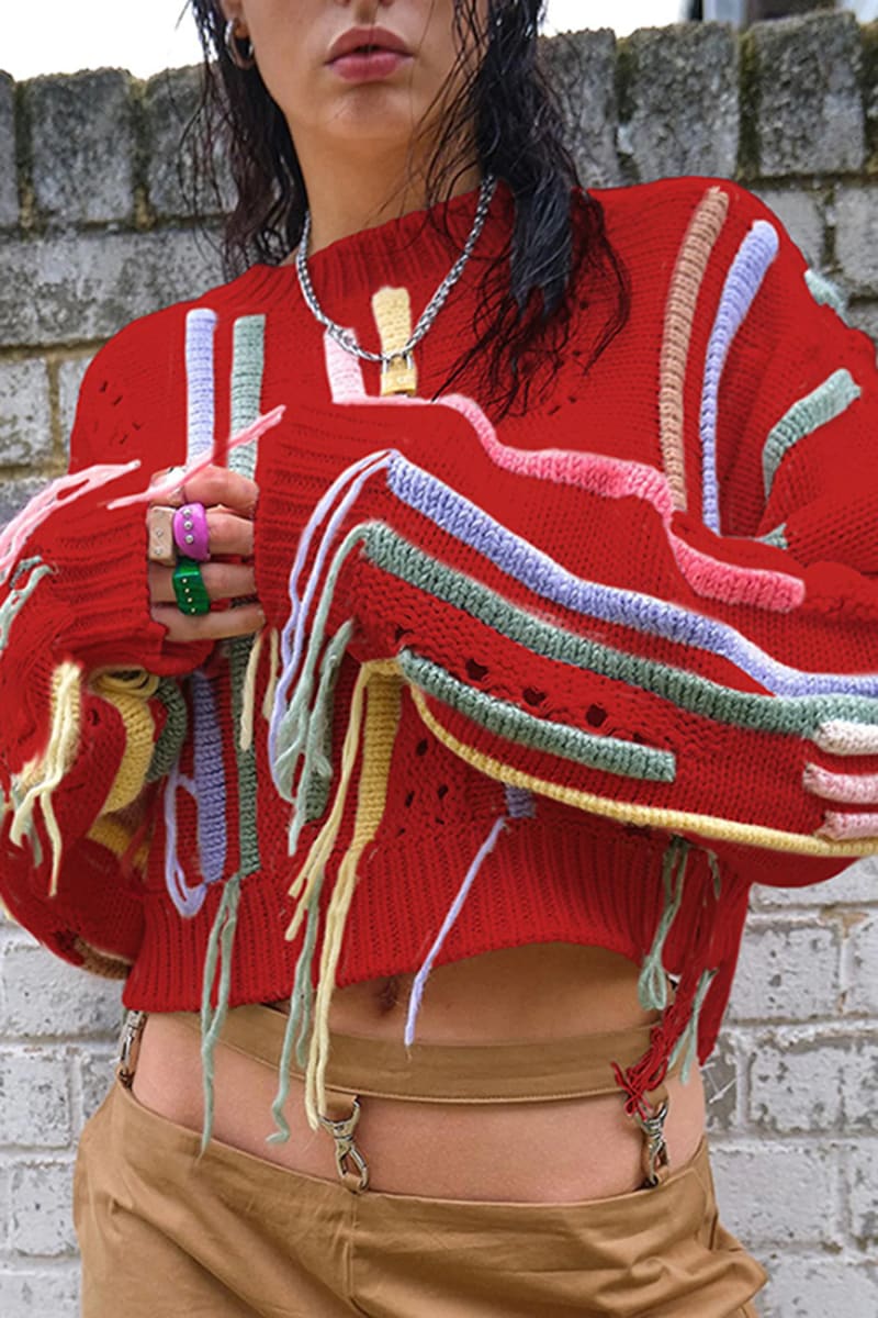 Red Fringe Crop Sweater