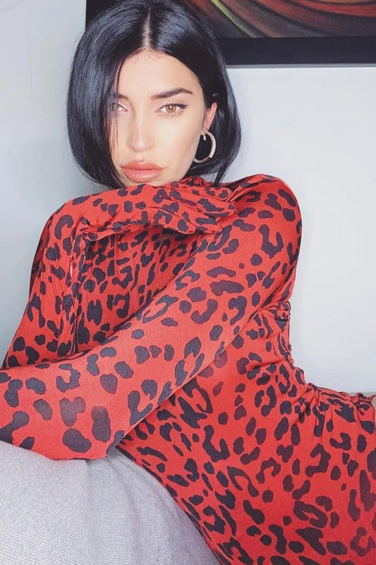 Red Leopard Print Bodysuit With Gloves / L