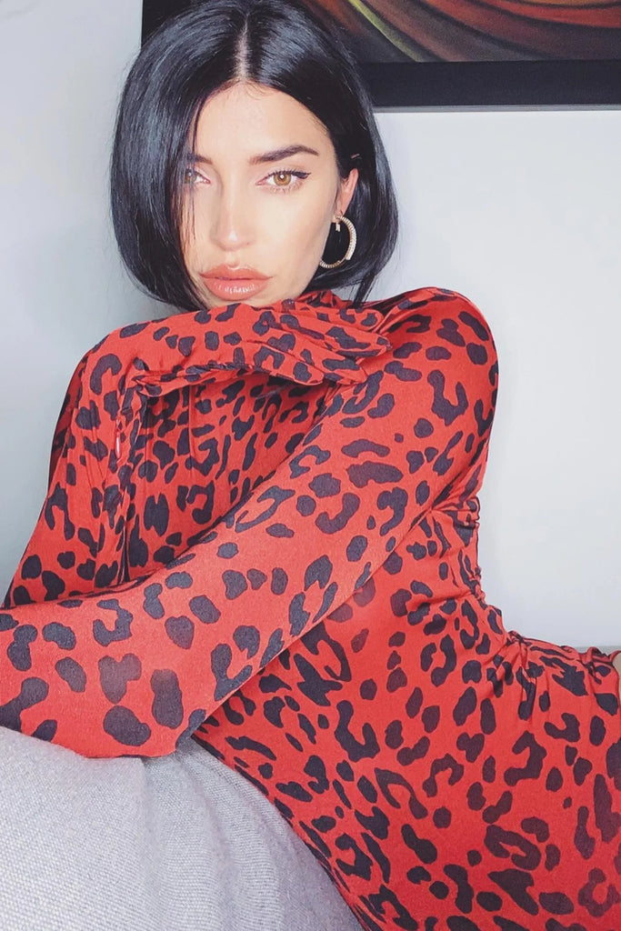 Red Leopard Print Bodysuit With Gloves