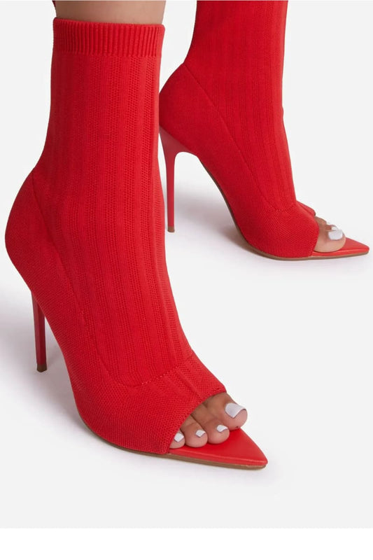 Red Pointed Peep Toe Stiletto Heels Ankle Sock Boots