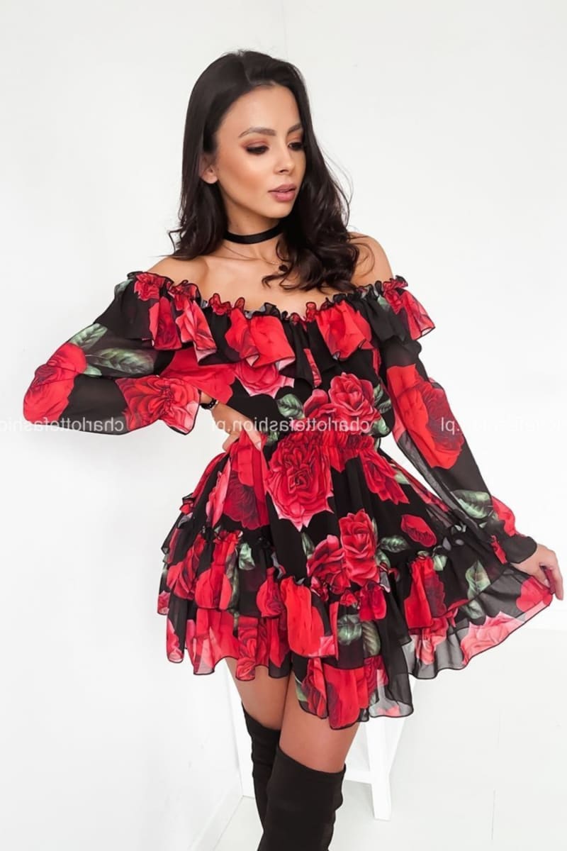 Red Roses Ruffle Off Shoulder Long Sleeve Dress Dresses