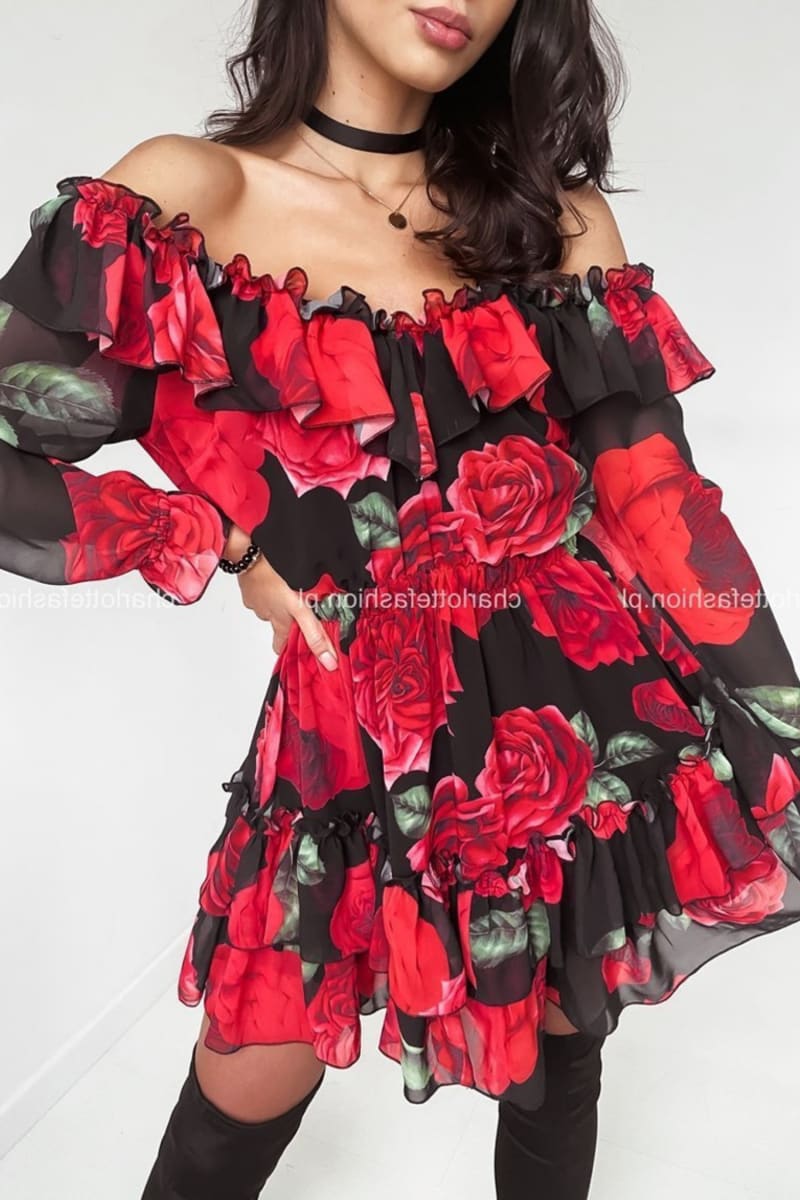 Red Roses Ruffle Off Shoulder Long Sleeve Dress Dresses