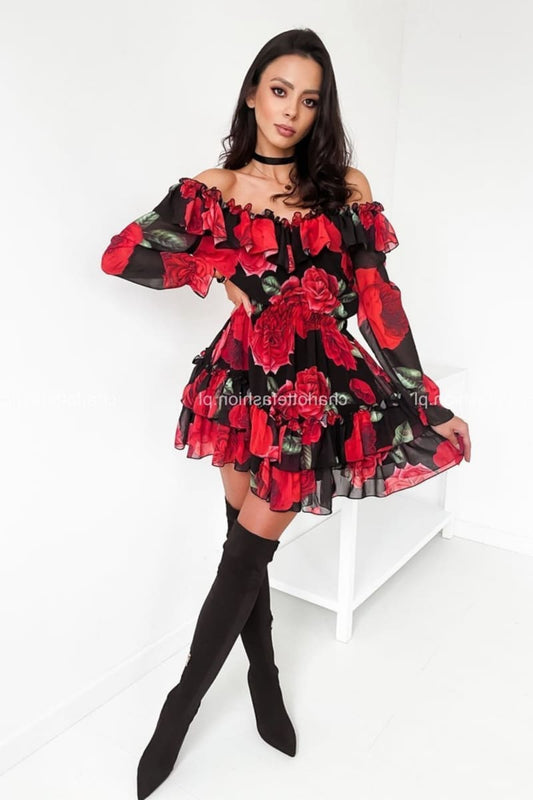 Red Roses Ruffle Off Shoulder Long Sleeve Dress Dresses