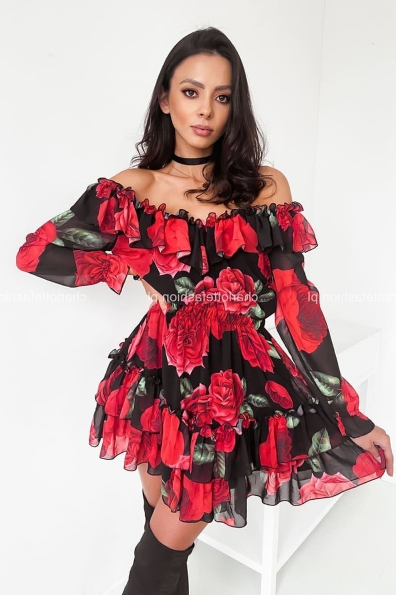 Red Roses Ruffle Off Shoulder Long Sleeve Dress Dresses