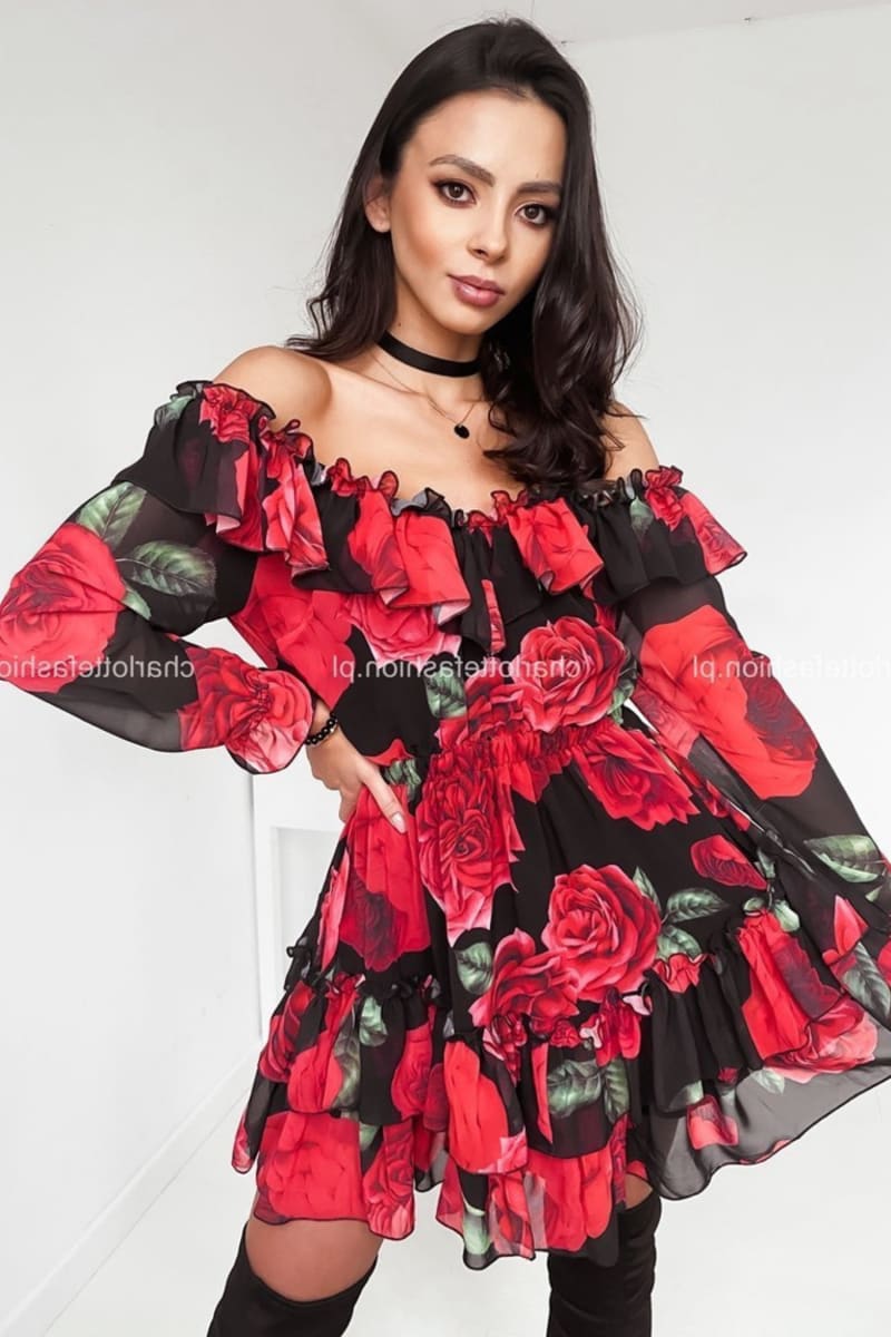 Red Roses Ruffle Off Shoulder Long Sleeve Dress Dresses