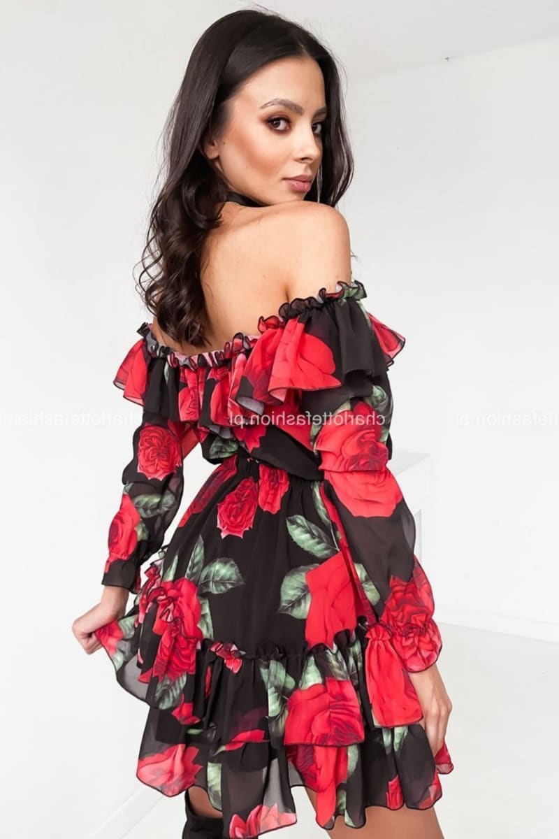 Red Roses Ruffle Off Shoulder Long Sleeve Dress Dresses